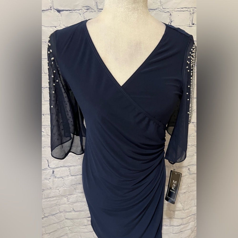 NWT MSK Womens Navy Stretch Embellished Cold Shoulder Sheer Bell Sleeve Petite S - Picture 3 of 11